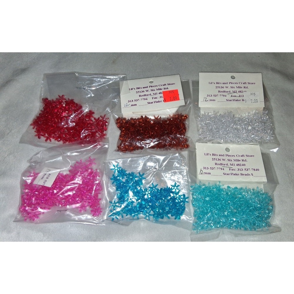 Vintage 12mm Star Flake Beads 6 Color Lot Plastic Christmas Craft Ornament Beads